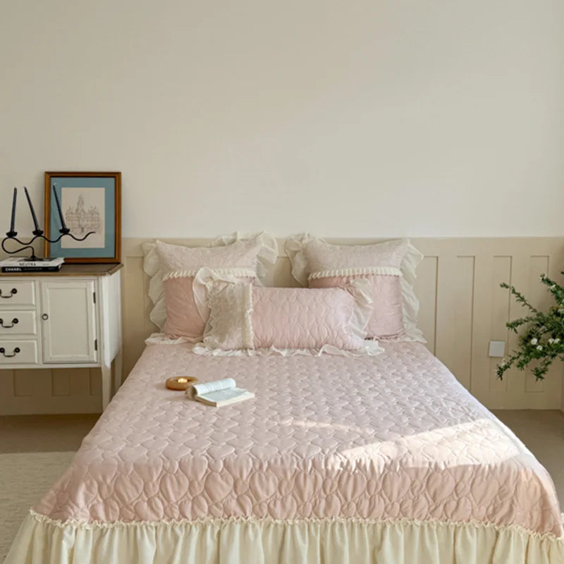 Cyflymder  4Pcs Pink  Lace Ruffles Sweet Girl Bedding Set Pure Cotton Queen King Size Duvet Cover Bed Sheet Or Quilted Bedspread Pillowcase