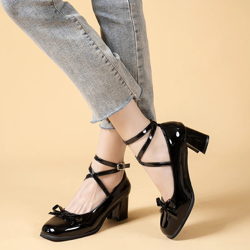 Cyflymder Black Retro Cross-Tie Pumps Casual Summer Round Toe Shoes Ladies Sweet Fashion Shoes Woman Bow Design