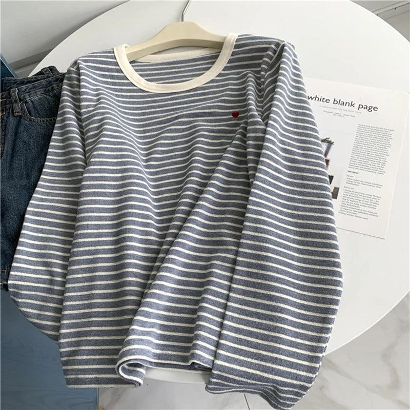 Cyflymder  Love Embroidery Striped Sweatshirt Women Casual O Neck Cute Pullovers Korean Fashion Loose Long Sleeve Sweet Elegant Tops