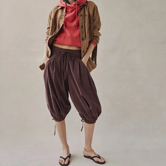 Cyflymder  Womens Wide Leg Pants Summer Baggy Harem Pants Palazzo Casual Loose Drawstring Waist Balloon Capri with Pockets