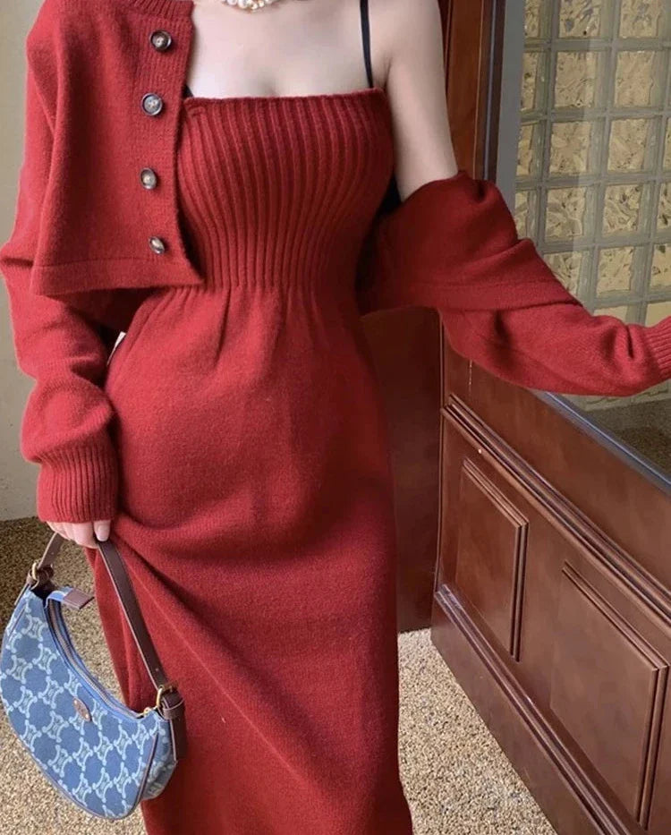 Cyflymder DRESS TO IMPRESS Elegant Red Knitting Dress Women Korean Fashion Office Lady Two Piece Dress Female Winter Warm Casual Christmas Party Dress