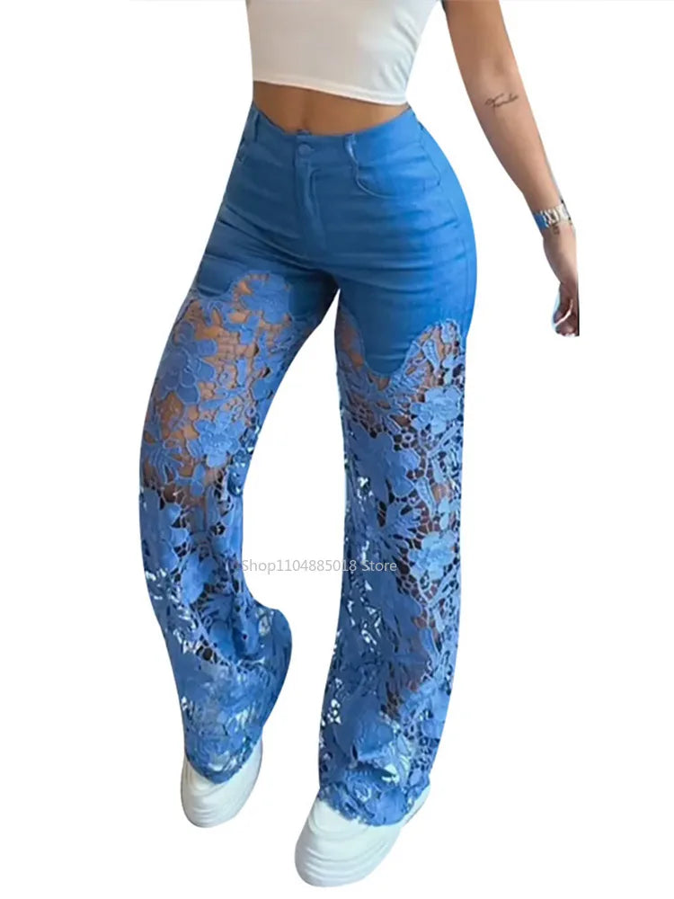 Cyflymder  Retro Lace Patchwork Women Blue Denim Pants High Waist Wide Leg Baggy Jeans Chic Y2k Fashion Casual Elegant High Street Trousers