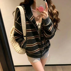 Cyflymder  American Striped Women Zipup Hooded Cardigan Autumn Retro Loose Y2K Streetwear Knitted Sweater Outerwear Woman