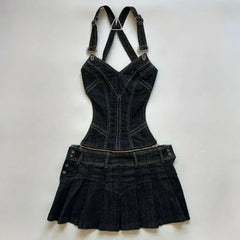 Cyflymder  Streetwear Y2K Vintage Denim Suit Skirt Sets Womens Outfits Black Sexy Hollow Vest Suspenders Harajuku Goth Zipper Pleated Skirt