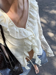 Cyflymder  Elegant Women s V-Neck Peplum Blouse with Flowy Front Bow Tie Long Sleeve and Ruffle Trim Detail for a Stylish Look