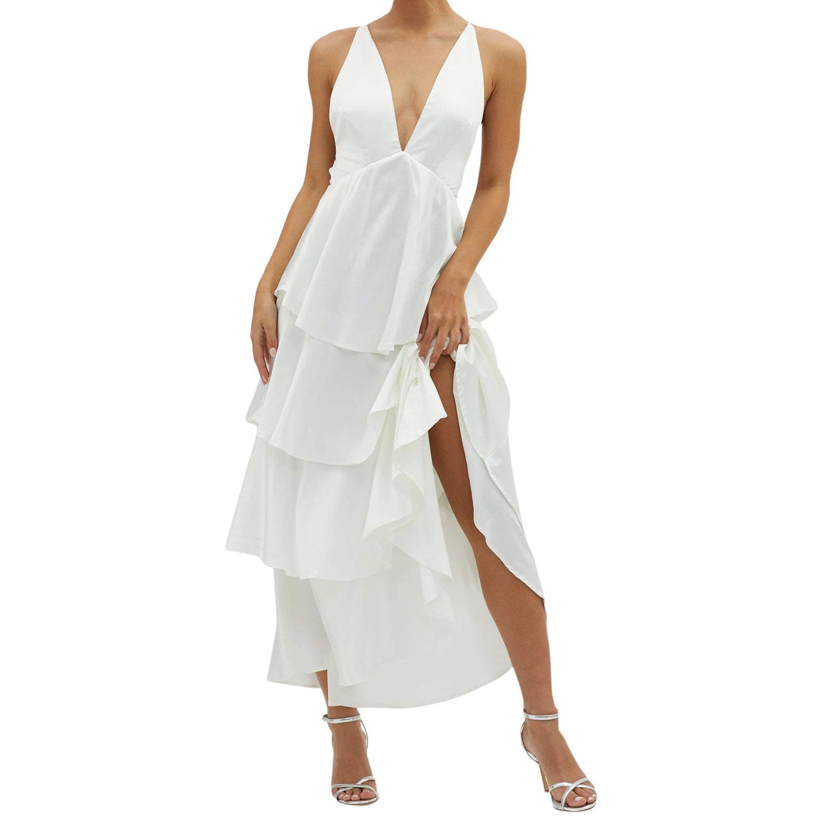 Cyflymder  Elegant Lace Sleeveless V-neck Backless Maxi Dress with Ruffled Hemline for Wedding Guest or Formal Event