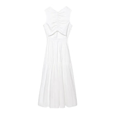 Cyflymder  Women's Elegant White Maxi Dress Pleated Round Neck Sleeveless Dress New Spring and Summer Fashion Party Beach Holiday Dress