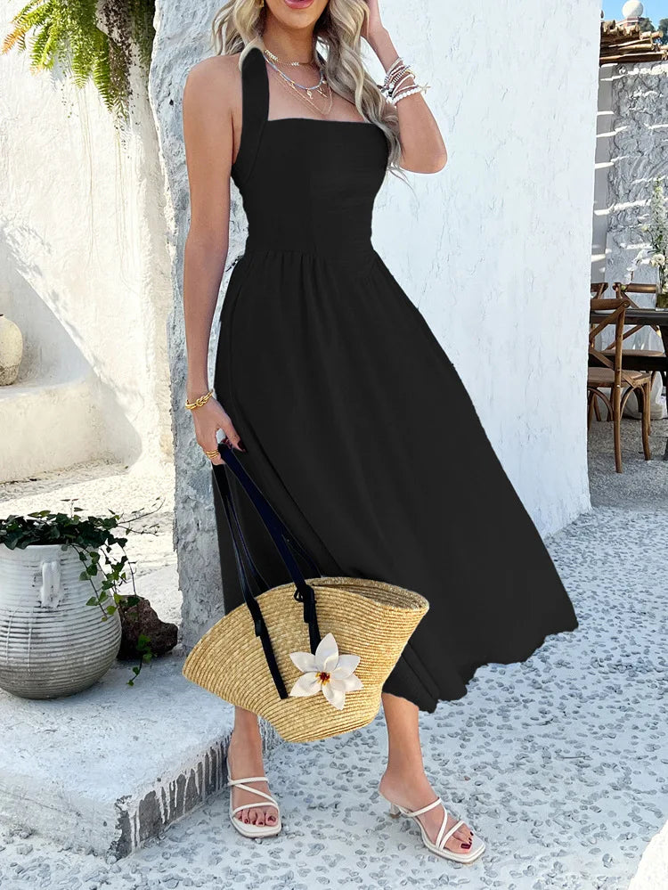 Cyflymder  Slimming Halter Backless Sleeveless Dress for Women Solid Color High Waist Casual Summer Vacation Beach Sundress