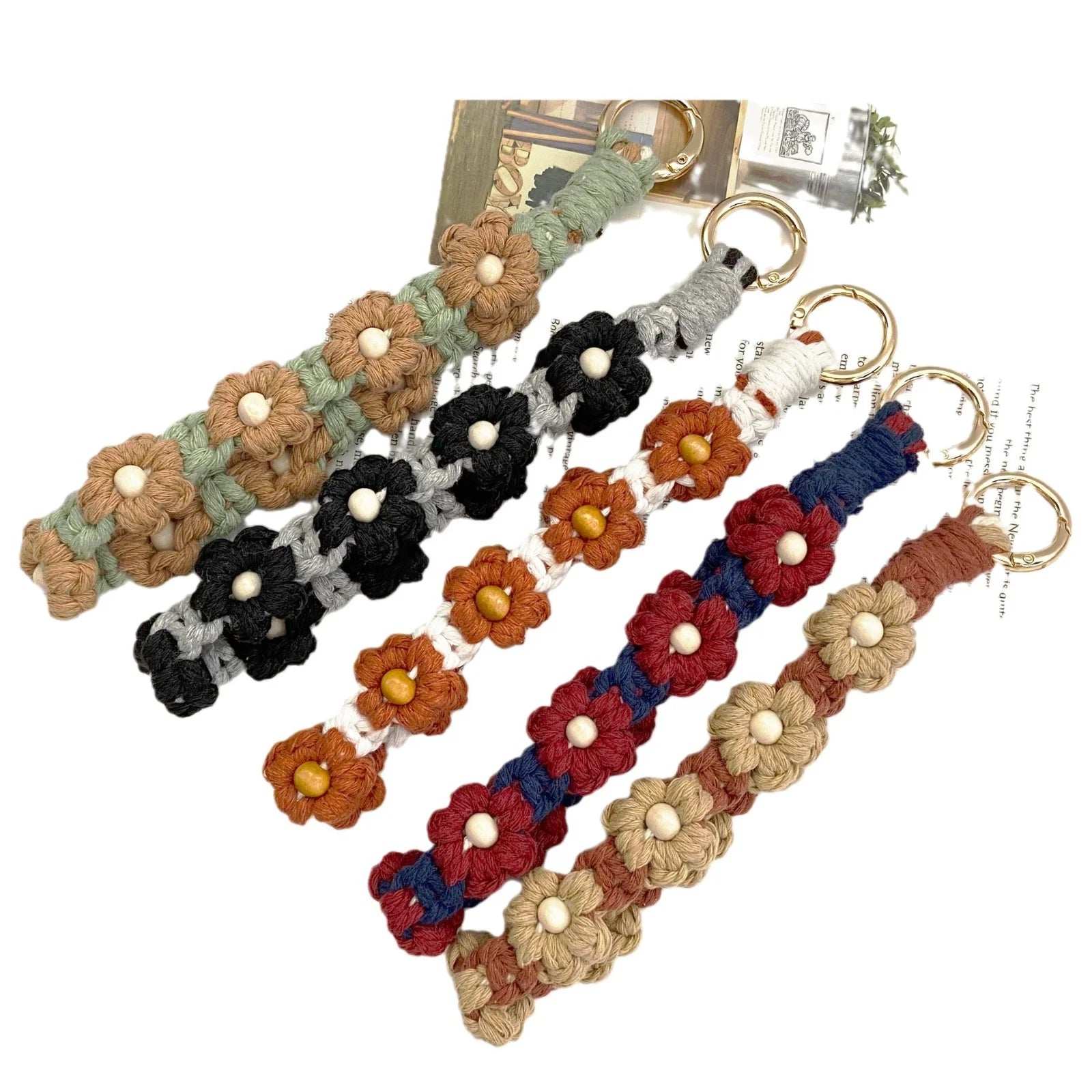 Cyflymder 1pc Daisy Flower Key Chain Ins Explosive Style High-End Diy Hand-Woven Wrist Key Ring Bohemian Style Car Keychain Bag Pendant