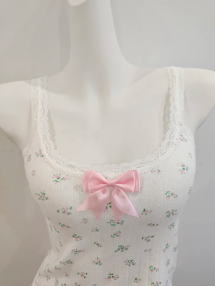Cyflymder  Sweet Floral Crop Tops Women Summer Pink Bow Decoration Cotton Tops for Sweet Girls Lolita Style Cute Camis