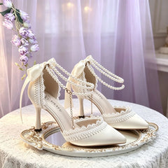 Cyflymder  sling shoes bridal wedding shoes pearl lace elegant ladies shoes kawaii high heels stilettos heels Lolita y2k heels bow