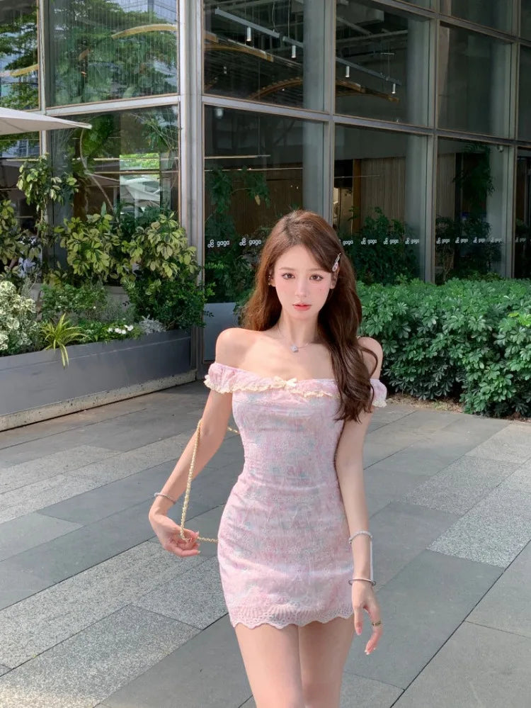 Cyflymder  Mini Dresses Women Sexy Sweet Floral Slash Neck Off Shoulder Bow Lace Patchwork Vintage Elegant Dress Party Spring New