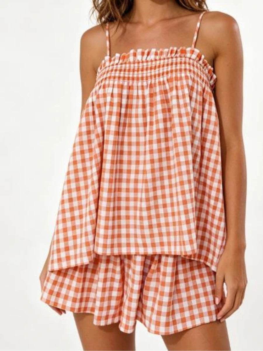 Cyflymder  Women Gingham Two Piece Set Sleeveless Babydoll Tank Top and Plaid Shorts Pajama Set Sleepwear Y2k Summer Outfits