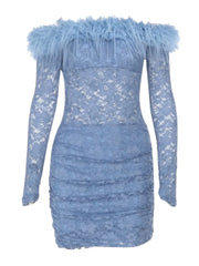 Cyflymder  Off Shoulder Lace Blue Pencil Dress Women Trend Long Sleeve Sexy Elegant Evening Party Skinny Stretch Mini Bodycon Dresses 2026