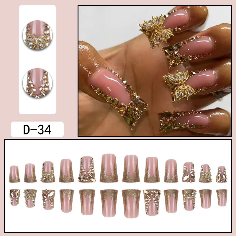 Cyflymder 24 Piece Rectangular 3D Butterfly Dot Diamond Style, Brown Color Scheme Enhances Your Charm, Nail Art Set, Press Nail