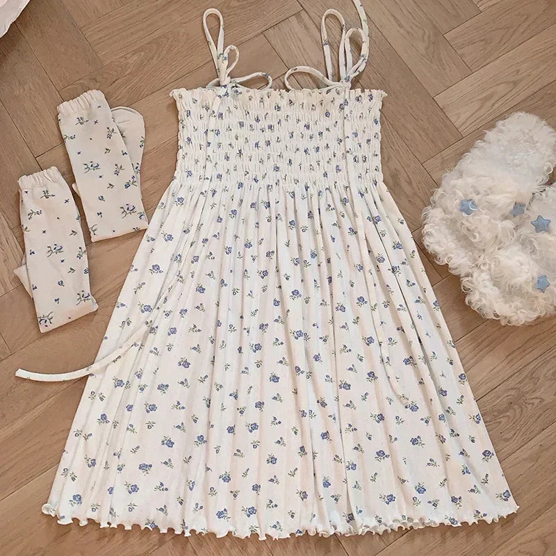 Cyflymder  White Dresses Women Summer Sleeveless Floral Pattern A-Line Spaghetti Strap Dress for Kawaii Girls