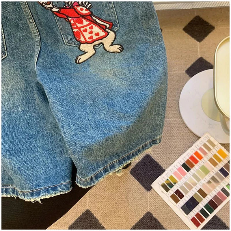 Cyflymder  Retro Fun Rabbit Print Denim orts Casual High Waist Loose Straight Leg Five Crop for Men And Women Faionable Summer Trousers