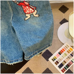 Cyflymder  Retro Fun Rabbit Print Denim orts Casual High Waist Loose Straight Leg Five Crop for Men And Women Faionable Summer Trousers