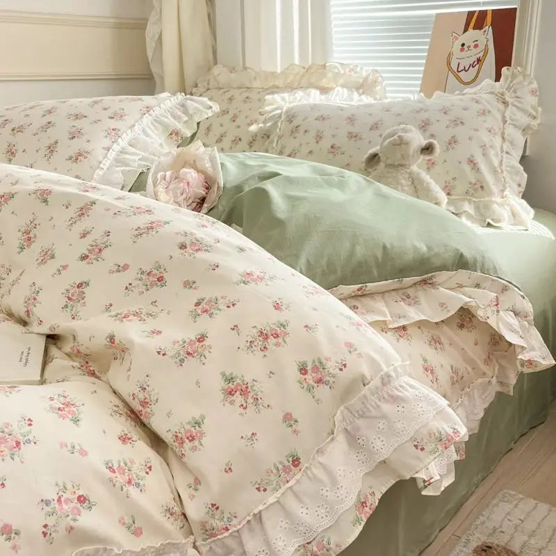 Cyflymder  Princess Style Lace Ruffles 100% Cotton Bedding Set Floral Pastoral Style Duvet Cover Flat/Fitted Bed Sheet Pillowcases 3/4Pcs