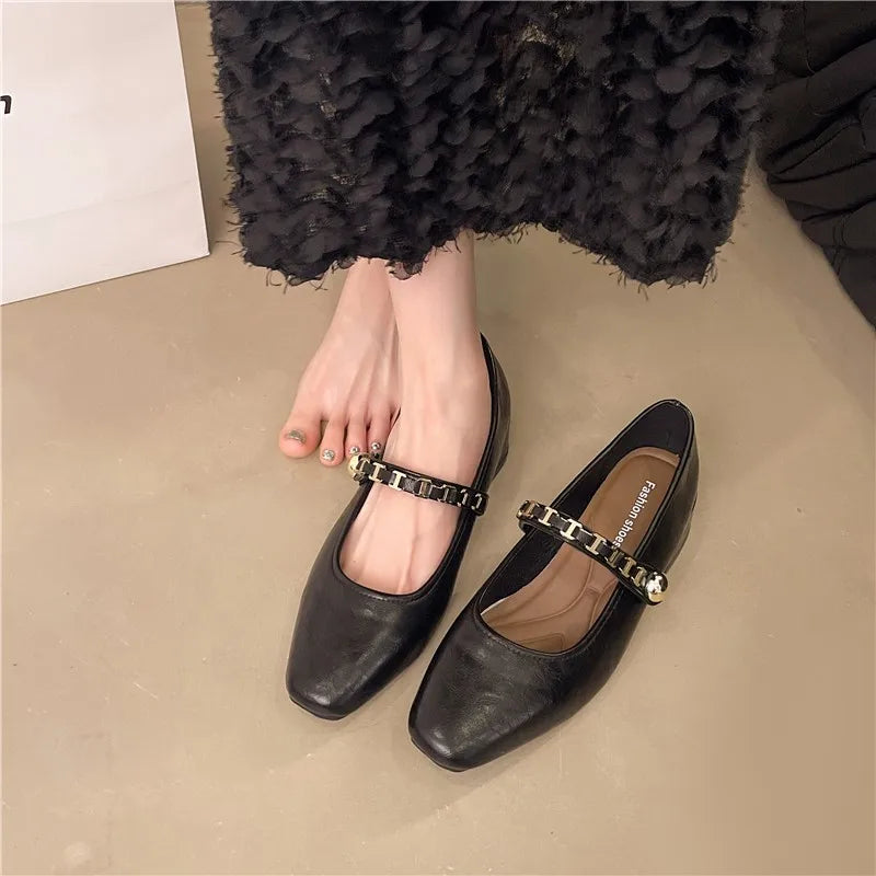 Cyflymder  Retro low-heeled single shoes for women, new summer fashion gold buckle square toe comfortable high-heeled leather shoes