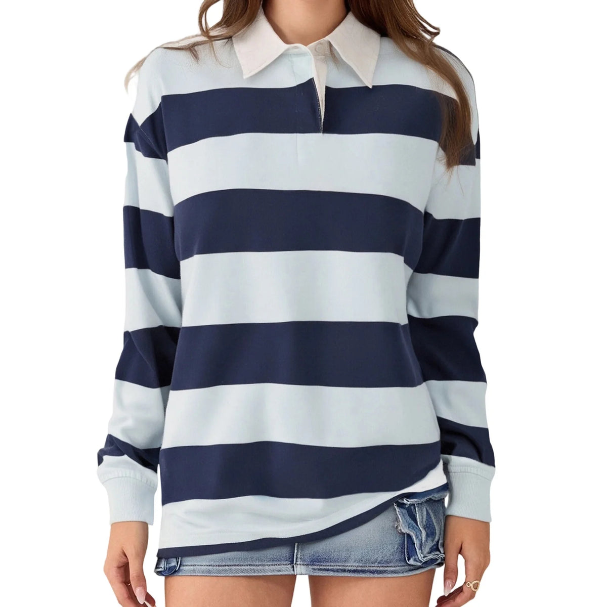 Cyflymder  Women T-shirt Long Sleeve Turn-down Collar Ladies Fall Casual Striped Top Streetwear
