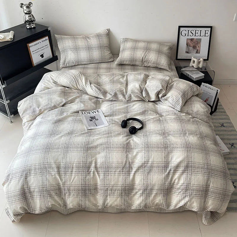 Cyflymder  Fashion Pure Cotton Grid Pattern Bedding Sets Skin Friendly Comfortable Bed Sheet Set for Adults Dormitory Home Quilt Cover Kit