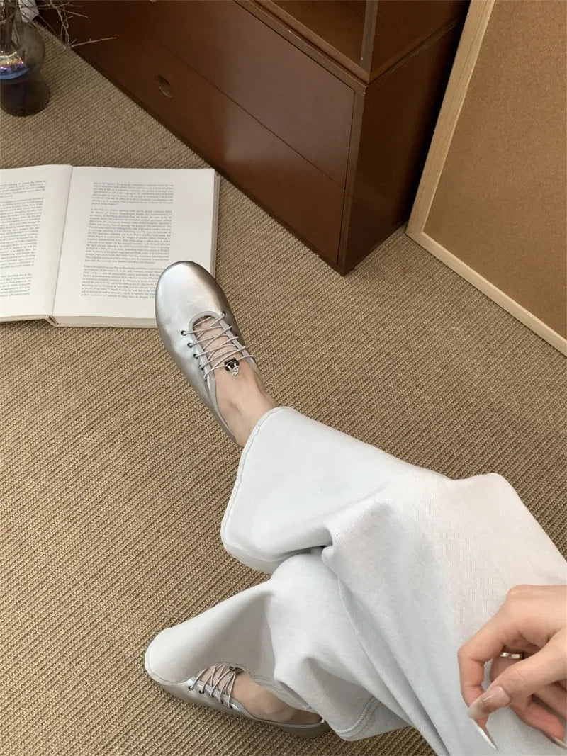 Cyflymder  Retro Lace Soft Leather Women Flats Cozy Round Toe Ballet Style Outdoor Walking Casual Shoes Ladies Fashion Brand Designer Pumps