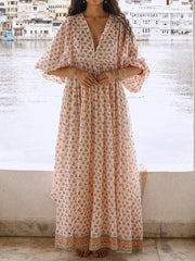 Cyflymder  Elegant Maxi Dress with 3 4 Sleeves V Neckline and Floral Print - Stylish Loose Fit Summer Dress for Casual Wear