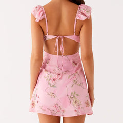 Cyflymder  Women Backless Mini Dress Sexy Sleeveless Ruffle Shoulder Short Dress Floral Print Low Cut Tie Back A-line Dress
