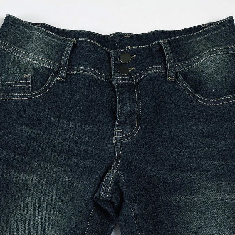 Cyflymder  American Retro Low Waisted Washed Jeans Women Streetwear Y2K Slim Fit Flared Pants Mujer Fashion Button Pockets Denim Trousers