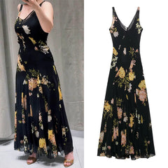 Cyflymder  Women's Summer V-Neck Sleeveless Midi Dress Female Sexy Printed Pleated Decoration Sling Waist Evening Party Dress