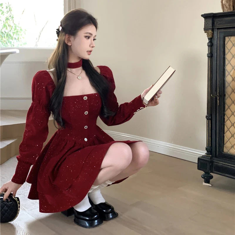 Cyflymder NEW YEAR DRESS TO IMPRESS Long Sleeve Velvet Dress Women Princess Square Collar Autumn Buttons Ruffles Bling Design Fashion Temper Elegant Seductive New