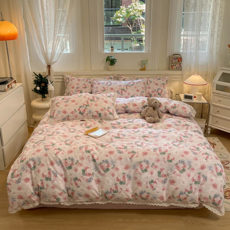 Cyflymder  INS Korean Style 2025 New Yungan Cotton Wrinkled Double-layer Yarn Lace Bedding Sets
