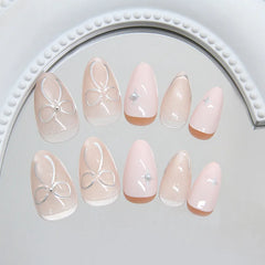 Cyflymder   24Pcs Cat's Eye Design Fake Nail with Pearl Short Round Head Press on False Nails Silver French Bow Pattern Full Cover Nail Tips
