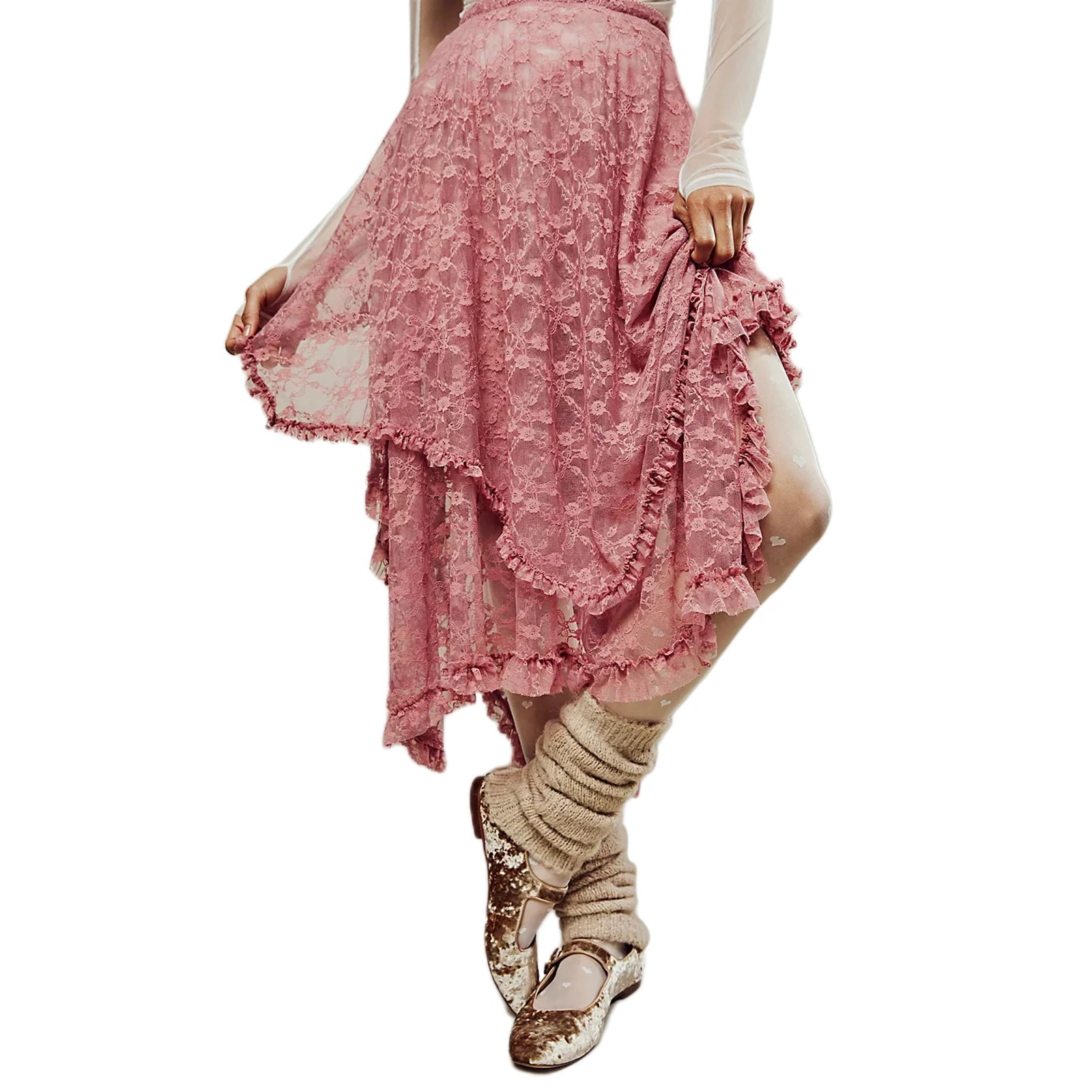 Cyflymder  Women's Solid Color Midi Skirts Lace Elastic High Waist Skirts Spring Summer Sweet Irregular Hem Casual Skirts