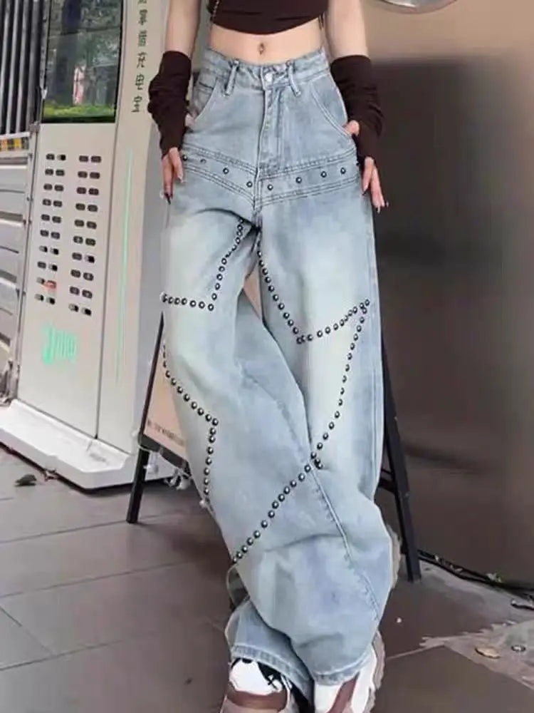 Cyflymder   American Retro Rivet Straight Jeans Women's Fashion Design Spice Girl Loose Wide-leg Pants Baggy Jeans
