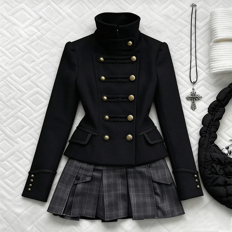 Cyflymder  Y2K Dark Academia Women Military Stand Collar Fitted Jacket Slim Long Sleeve Gothic Fashion Punk American Style Preppy Outerwear