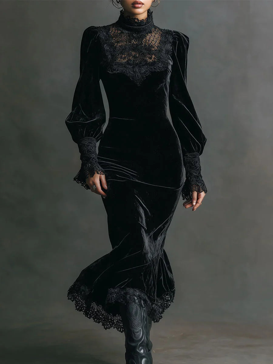 Cyflymder  Retro Autumn Winter Velvet Maxi Dresses Gothic Lace Patchwork Bodycon Dress Women Elegant Lantern Sleeve Party Gown Slim