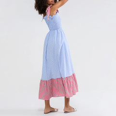 Cyflymder  Summer Midi Dress Women Fashion Plaid Tie-Up Shoulder Straps Sleeveless Dress Fashion Casual Swing Dress