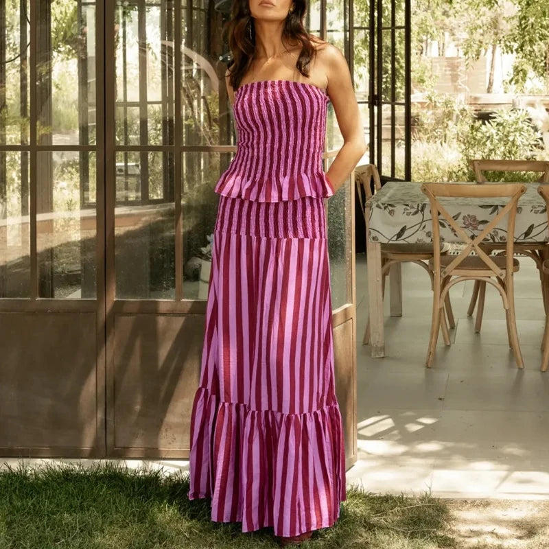 Cyflymder  Summer Fashion Pattern Print Holiday Outfit Women Sexy Sleeveless Draped Long Skirt Suit Elegant Strapless Crop Top & Skirts Set