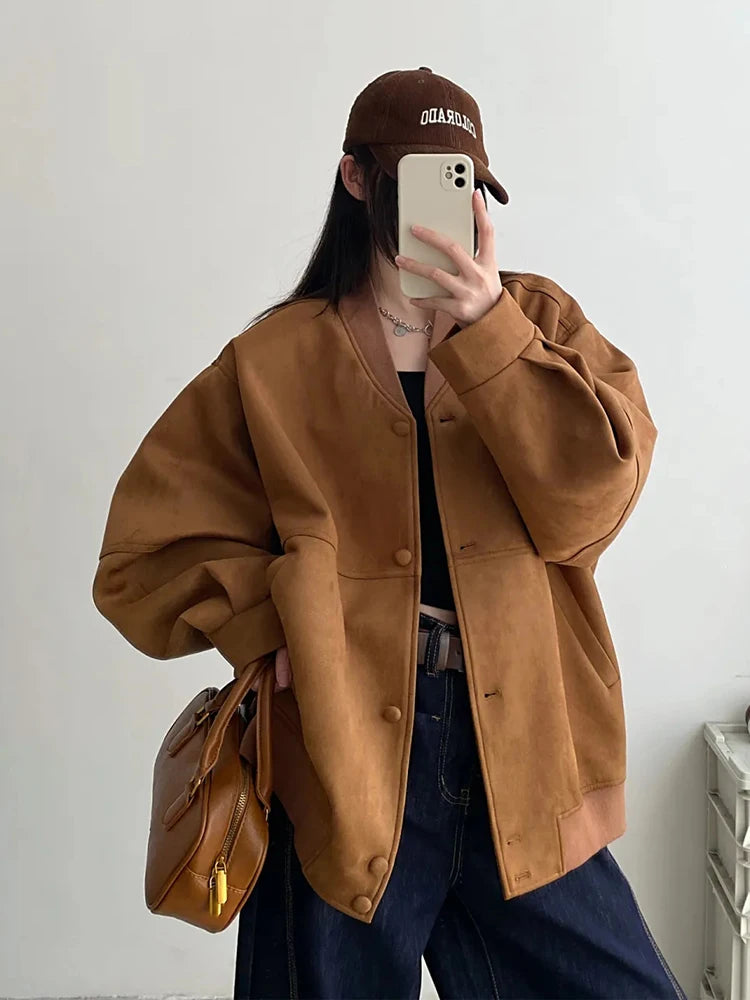Cyflymder  American Y2K Jackets Women Streetwear Loose Faux Suede Coat Vintage Long Sleeve Harajuku Bf Oversize Hip Hop Outwear New
