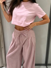 Cyflymder  Striped Drawstring Wide Leg Pants Women High Waist Side Pocket Vertical Stripe Bottom Lady's Casual Outdoor Streetwear Trousers