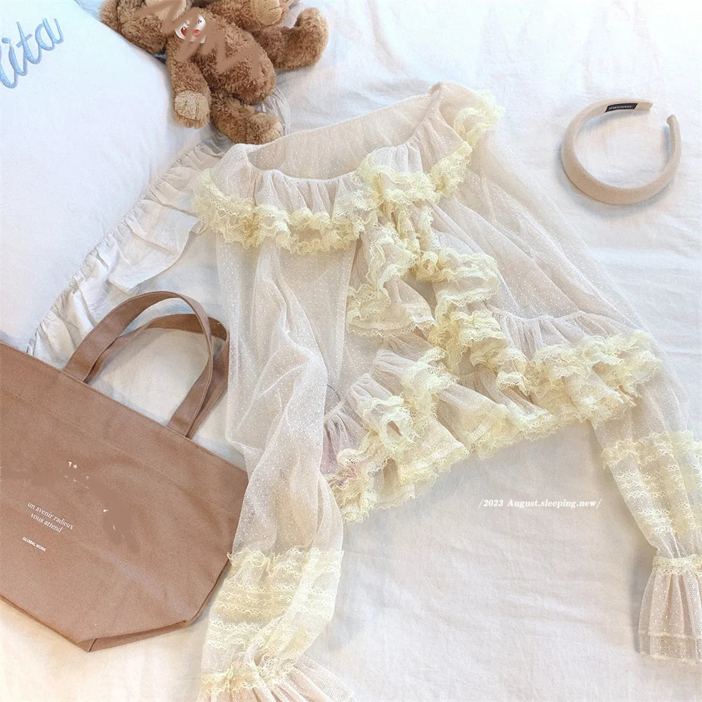 Cyflymder  See Through Long Sleeve Japanese Shrugs Autumn Mesh Ruffle Sweet Cropped Jacket Thin Air Conditioning Shirt Short Sun Protection