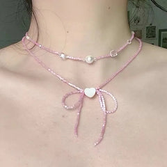 Cyflymder  Fashion Colorful Beaded Bowknot Love Heart Pendant Necklace for Women Girls Purple Double Layer Clavicle Neck Aesthetic Jewelry