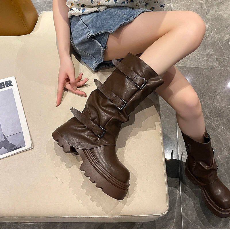 Cyflymder  Designer Thick Heel Women Western Cowboy Boots Fashion Ladies Belt Buckle Knight Booties botas de inverno feminina