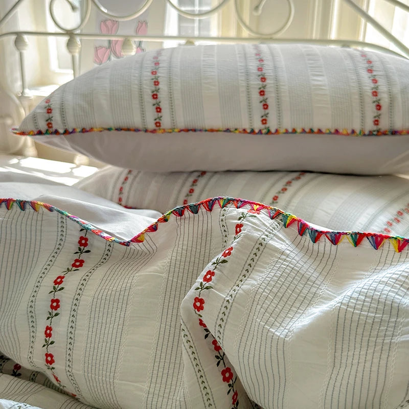 Cyflymder  100% Cotton Yarn-dyed Jacquard Floral Bedding Set Single Queen King Size Duvet Cover Bed Sheet/Fitted Sheet Pillowcases 3/4Pcs