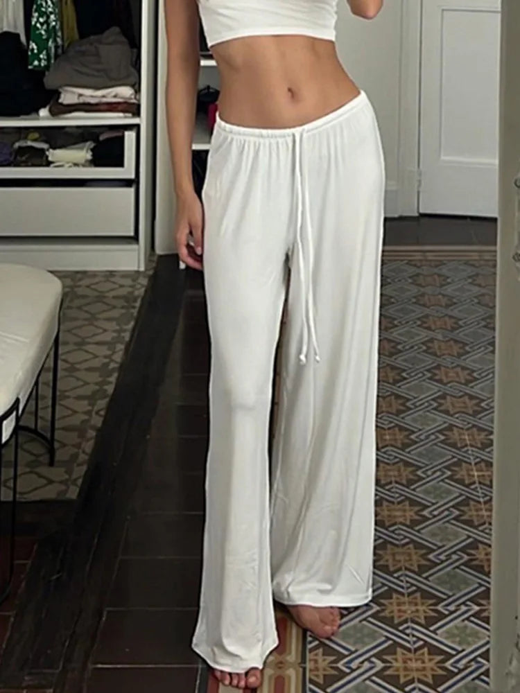 Cyflymder  White Women's Casual Loose Straight Leg Sweatpants Full Length Homewear Pants with Shirring Basic All-Match Trousers