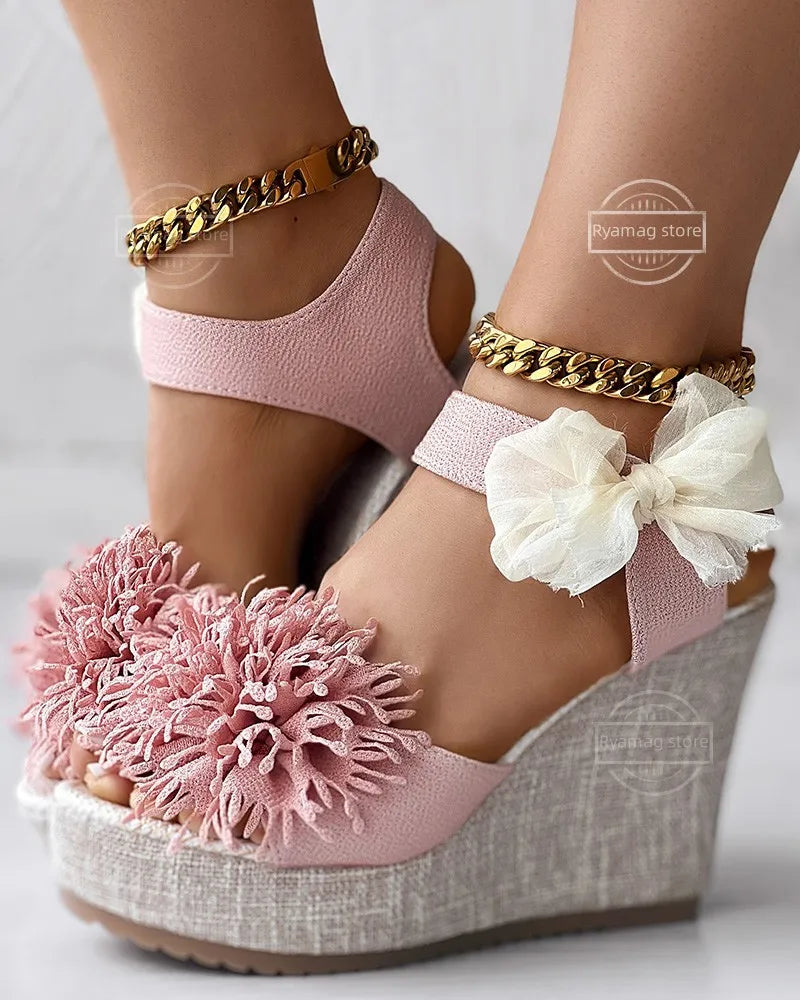 Cyflymder Sandals Women's Floral Pattern Bowknot Decor Platform Wedge Espadrilles Platform Bow High Heels Women's Slippers Shoes