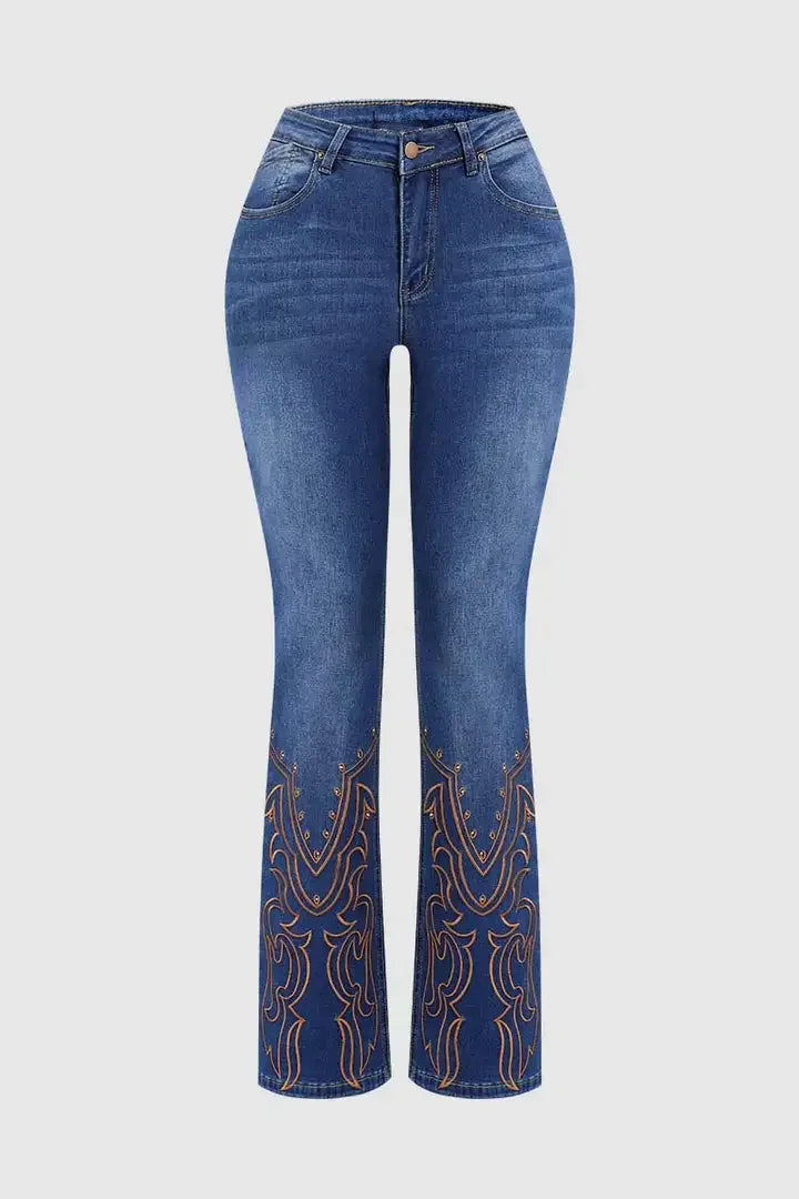 Cyflymder  Elegant Country Wear| Distressed High Waisted Flared Cowgirl Outfit -Printing with Golden Studs, Casual Vintage Jeans   T46