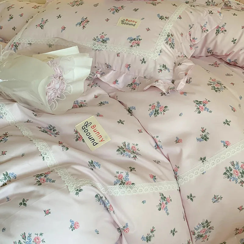 Cyflymder  100% Cotton Spring Garden Flowers Botanical Chic Ruffles Soft Comfortable Double Queen (1Duvet Cover+1Bed Sheet+2Pillowcases)